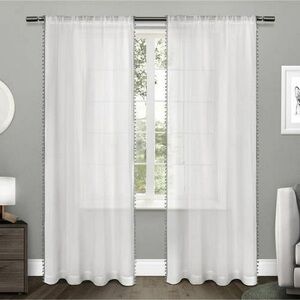 Pom Pom Trim White Semi-Sheer Curtain Panels – Set of 2 (84” x 39” Each)